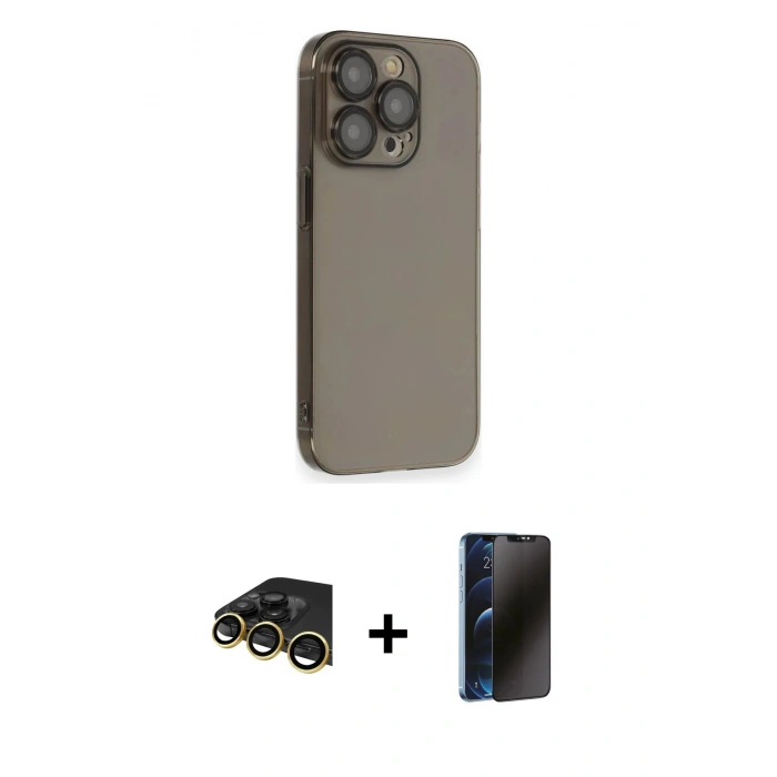 ieg™ iPhone 13 Pro Max Kılıf Siluet Minimal Özel Seri - Siyah 3D Antistatik Hayalet Cam Ekran Koruyucu + Gold Raze Metal Kamera Lens