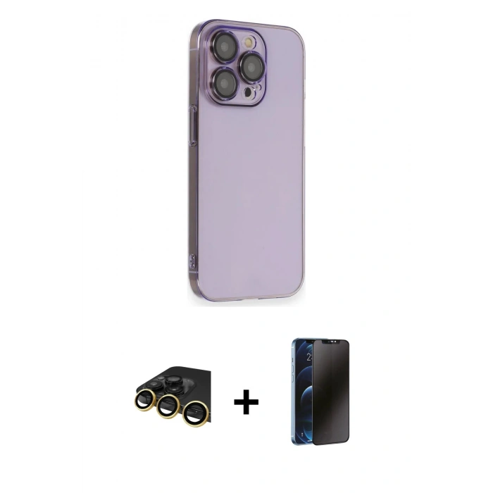 ieg™ iPhone 13 Pro Max Kılıf Siluet Minimal Özel Seri - Siyah 3D Antistatik Hayalet Cam Ekran Koruyucu + Gold Raze Metal Kamera Lens