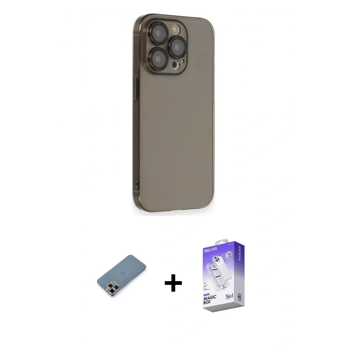 ieg™ iPhone 13 Pro Max Kılıf Siluet Minimal Özel Seri - Siyah Bilvis 5in1 3D Magic Cam Ekran Koruyucu + Mor Metal Kamera Lens Koruma Cam