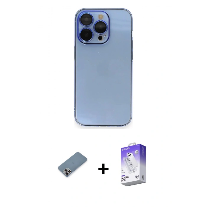ieg™ iPhone 13 Pro Max Kılıf Siluet Minimal Özel Seri - Siyah Bilvis 5in1 3D Magic Cam Ekran Koruyucu + Mor Metal Kamera Lens Koruma Cam
