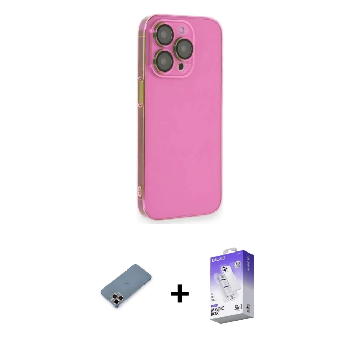 ieg™ iPhone 13 Pro Max Kılıf Siluet Minimal Özel Seri - Siyah Bilvis 5in1 3D Magic Cam Ekran Koruyucu + Mor Metal Kamera Lens Koruma Cam