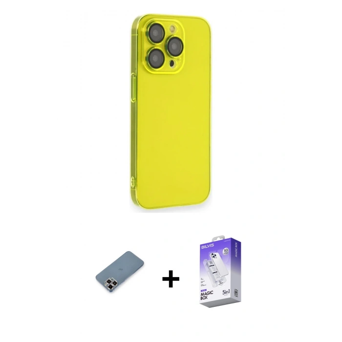 ieg™ iPhone 13 Pro Max Kılıf Siluet Minimal Özel Seri - Siyah Bilvis 5in1 3D Magic Cam Ekran Koruyucu + Mor Metal Kamera Lens Koruma Cam