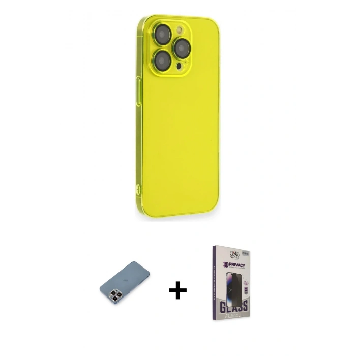 ieg™ iPhone 13 Pro Max Kılıf Siluet Minimal Özel Seri - Siyah Bilvis Hayalet Cam Ekran Koruyucu + Mor Metal Kamera Lens Koruma Cam
