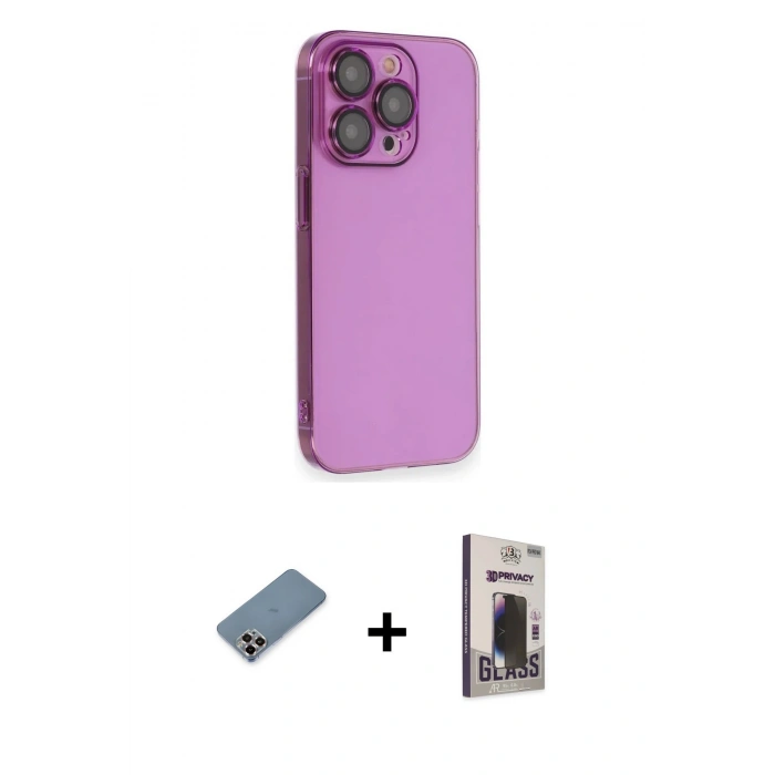 ieg™ iPhone 13 Pro Max Kılıf Siluet Minimal Özel Seri - Siyah Bilvis Hayalet Cam Ekran Koruyucu + Mor Metal Kamera Lens Koruma Cam