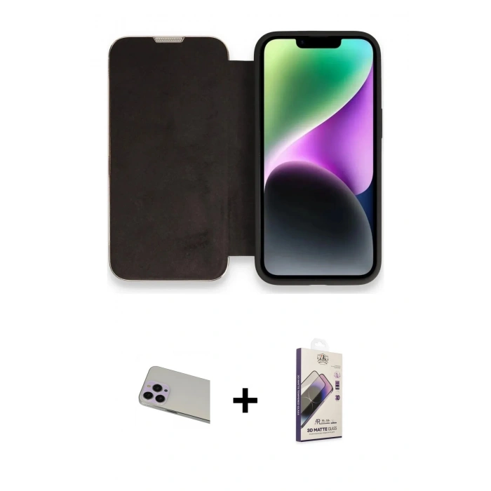 ieg™ iPhone 13 Pro Max Kılıf Siluet Minimal Serisi - Siyah Bilvis 3D Mat Cam Ekran Koruyucu + Mor Rainbow Kamera Lens Koruma Cam