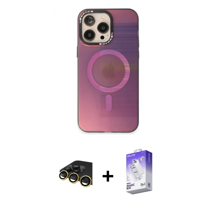 ieg™ iPhone 13 Pro Max Kılıf Siluet Modern Koleksiyonu - Siyah Bilvis 5in1 3D Magic Cam Ekran Koruyucu + Gold Raze Metal Kamera Lens