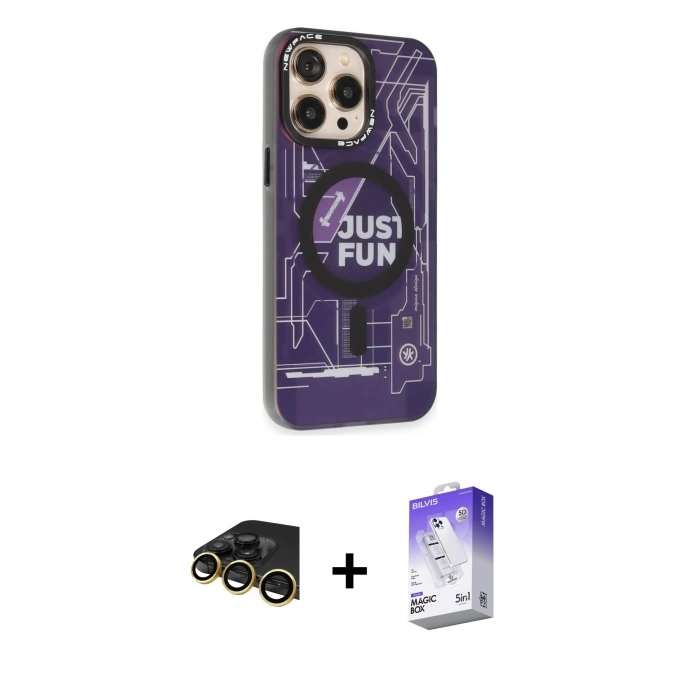 ieg™ iPhone 13 Pro Max Kılıf Siluet Modern Koleksiyonu - Siyah Bilvis 5in1 3D Magic Cam Ekran Koruyucu + Gold Raze Metal Kamera Lens