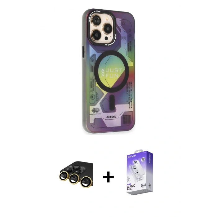ieg™ iPhone 13 Pro Max Kılıf Siluet Modern Koleksiyonu - Siyah Bilvis 5in1 3D Magic Cam Ekran Koruyucu + Gold Raze Metal Kamera Lens