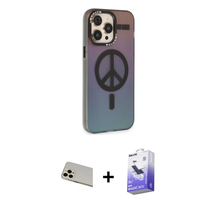ieg™ iPhone 13 Pro Max Kılıf Siluet Modern Koleksiyonu - Siyah Bilvis 5in1 5D Magic Hayalet Cam Ekran Koruyucu + Rose Gold Rainbow Kamera Lens Koruma Cam