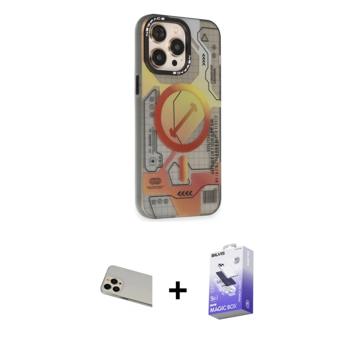 ieg™ iPhone 13 Pro Max Kılıf Siluet Modern Koleksiyonu - Siyah Bilvis 5in1 5D Magic Hayalet Cam Ekran Koruyucu + Rose Gold Rainbow Kamera Lens Koruma Cam