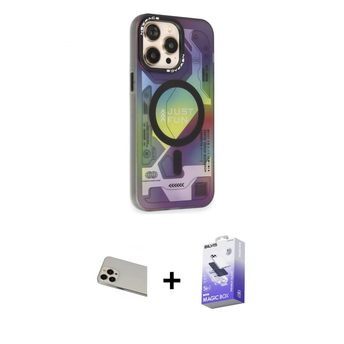 ieg™ iPhone 13 Pro Max Kılıf Siluet Modern Koleksiyonu - Siyah Bilvis 5in1 5D Magic Hayalet Cam Ekran Koruyucu + Rose Gold Rainbow Kamera Lens Koruma Cam