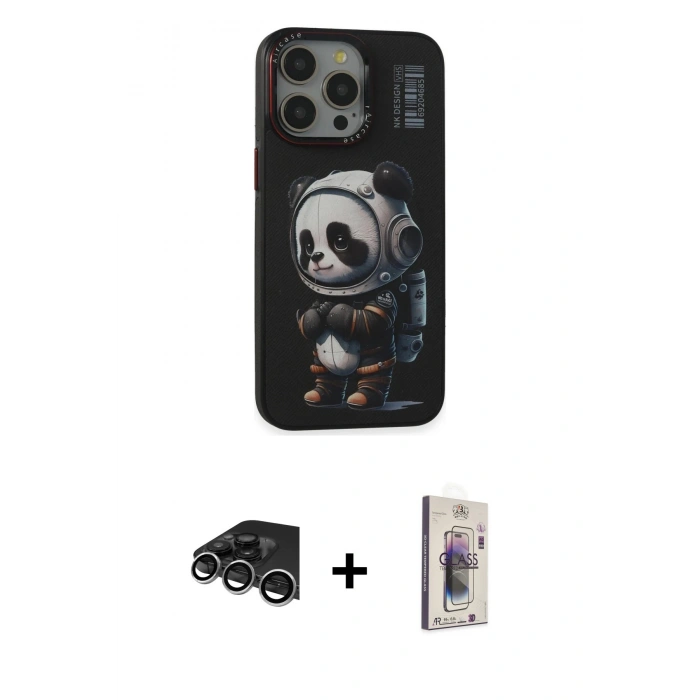 ieg™ iPhone 13 Pro Max Kılıf Siluet Modern Özel Seri - Siyah Bilvis 3D Cam Ekran Koruyucu + Gümüş Raze Metal Kamera Lens