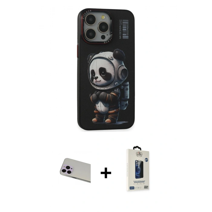 ieg™ iPhone 13 Pro Max Kılıf Siluet Modern Özel Seri - Siyah Bilvis Hayalet Cam Ekran Koruyucu + Mor Rainbow Kamera Lens Koruma Cam