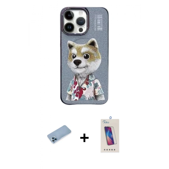 ieg™ iPhone 13 Pro Max Kılıf Siluet Modern Özel Seri - Siyah Joko 5D Cam + Mavi Shine Kamera Lens Koruma Cam