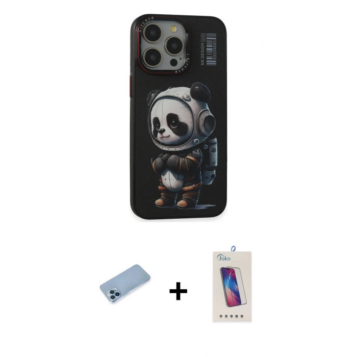 ieg™ iPhone 13 Pro Max Kılıf Siluet Modern Özel Seri - Siyah Joko 5D Cam + Mavi Shine Kamera Lens Koruma Cam