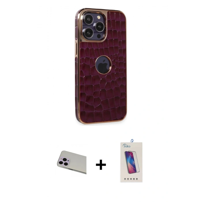 ieg™ iPhone 13 Pro Max Kılıf Ufuk Form Prime - Siyah Joko 5D Cam + Mor Rainbow Kamera Lens Koruma Cam