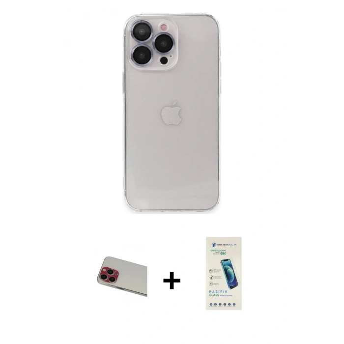 ieg™ iPhone 13 Pro Max Kılıf Ufuk Minimal Özel Seri - Şeffaf Pasifik Cam Ekran Koruyucu + Kırmızı Rainbow Kamera Lens Koruma Cam