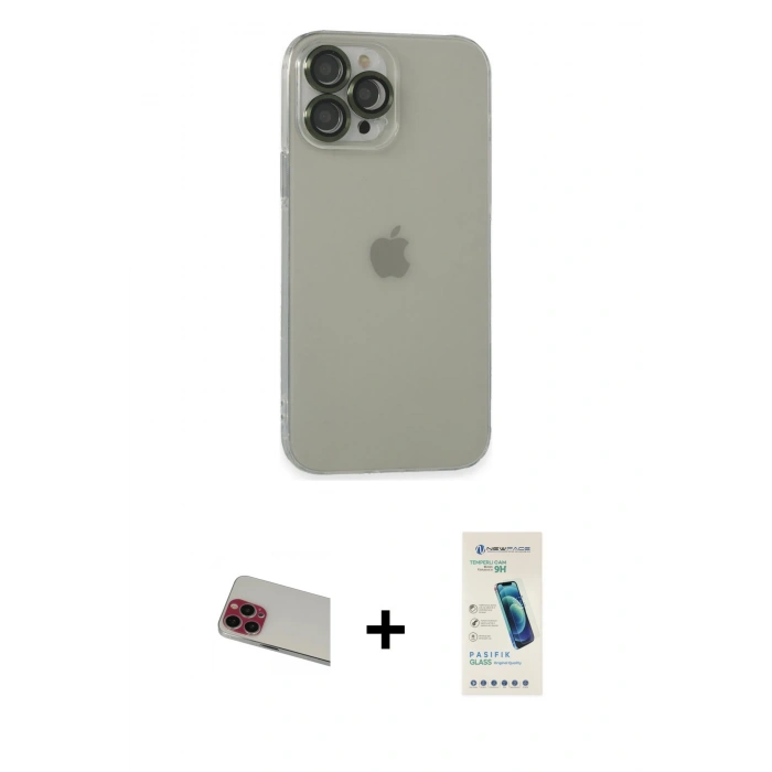 ieg™ iPhone 13 Pro Max Kılıf Ufuk Minimal Özel Seri - Şeffaf Pasifik Cam Ekran Koruyucu + Kırmızı Rainbow Kamera Lens Koruma Cam