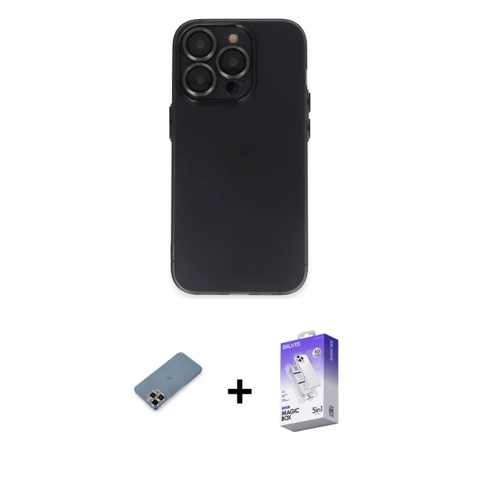 ieg™ iPhone 13 Pro Max Kılıf Ufuk Minimal Özel Seri - Siyah Bilvis 5in1 3D Magic Cam Ekran Koruyucu + Mor Metal Kamera Lens Koruma Cam