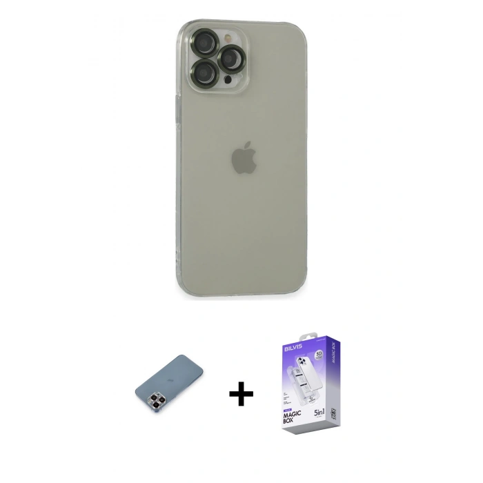 ieg™ iPhone 13 Pro Max Kılıf Ufuk Minimal Özel Seri - Siyah Bilvis 5in1 3D Magic Cam Ekran Koruyucu + Mor Metal Kamera Lens Koruma Cam