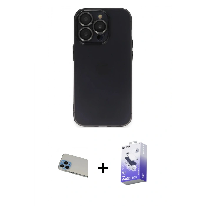 ieg™ iPhone 13 Pro Max Kılıf Ufuk Minimal Özel Seri - Siyah Bilvis 5in1 5D Magic Hayalet Cam Ekran Koruyucu + Mavi Rainbow Kamera Lens Koruma Cam