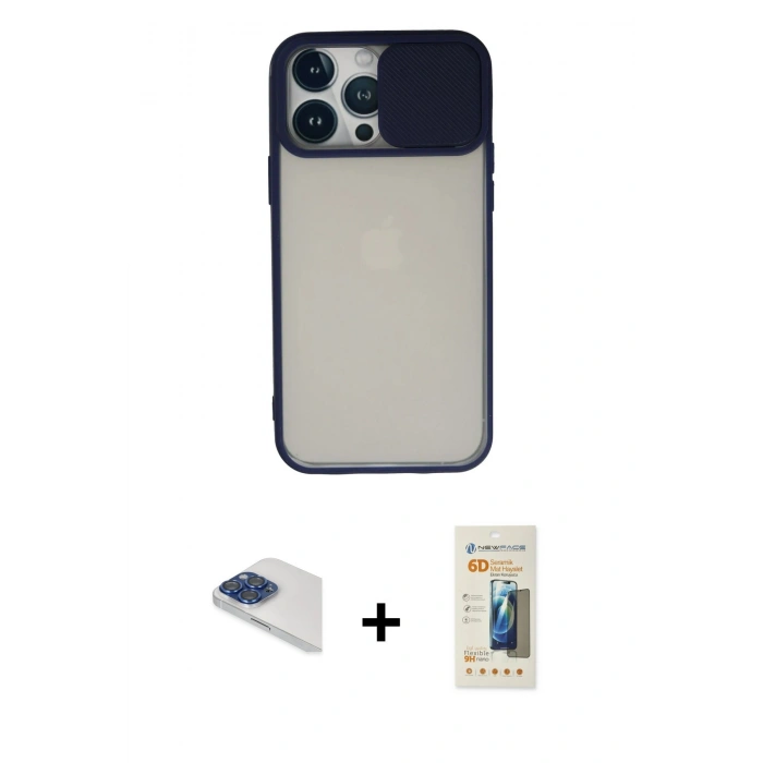 ieg™ iPhone 13 Pro Max Kılıf Vadi Çizgi - Siyah 6D Mat Seramik Hayalet Nano Ekran Koruyucu + Lacivert Pers Alüminyum Kamera Lens