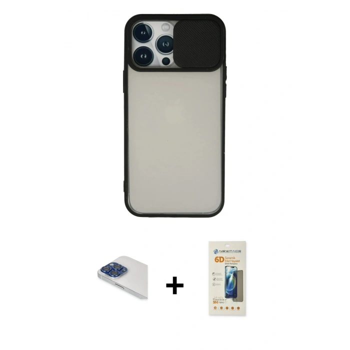 ieg™ iPhone 13 Pro Max Kılıf Vadi Çizgi - Siyah 6D Mat Seramik Hayalet Nano Ekran Koruyucu + Lacivert Pers Alüminyum Kamera Lens