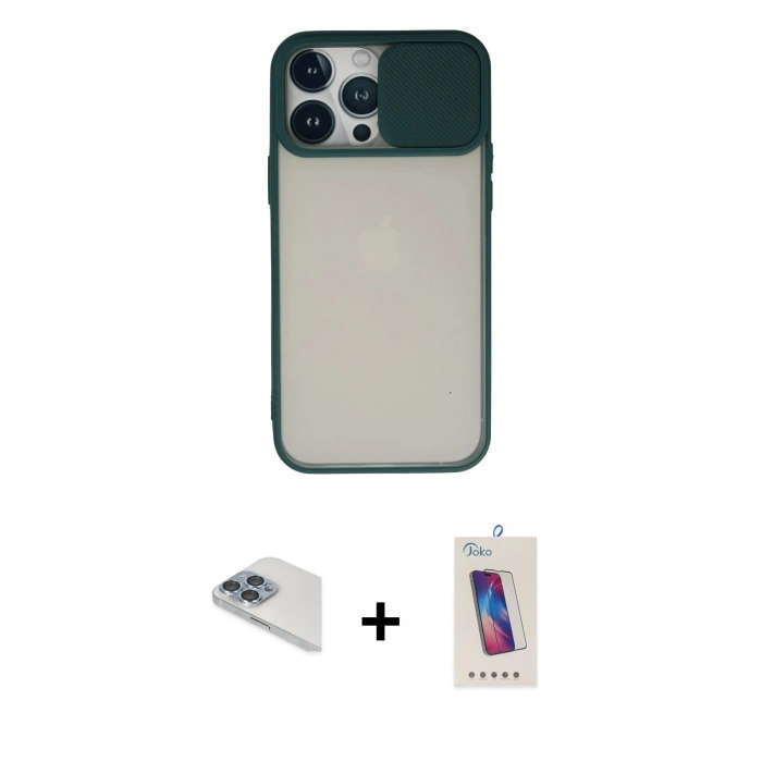 ieg™ iPhone 13 Pro Max Kılıf Vadi Çizgi - Siyah Joko 5D Cam + Sierra Blue Pers Alüminyum Kamera Lens