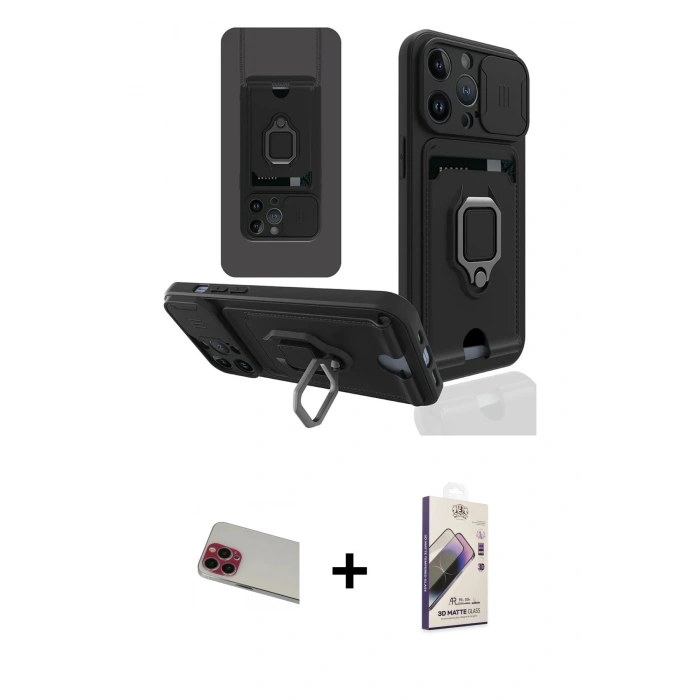 ieg™ iPhone 13 Pro Max Kılıf Vadi Form Prime - Siyah Bilvis 3D Mat Cam Ekran Koruyucu + Kırmızı Rainbow Kamera Lens Koruma Cam