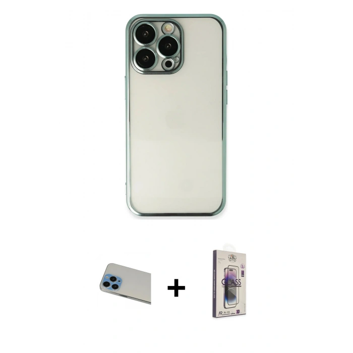 ieg™ iPhone 13 Pro Max Kılıf Vadi Minimal - Siyah Bilvis 3D Cam Ekran Koruyucu + Mavi Rainbow Kamera Lens Koruma Cam