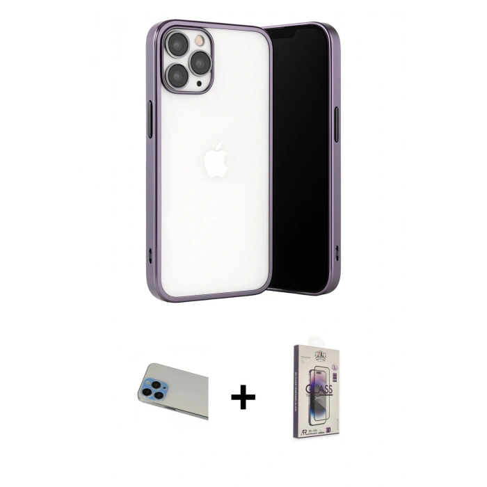 ieg™ iPhone 13 Pro Max Kılıf Vadi Minimal - Siyah Bilvis 3D Cam Ekran Koruyucu + Mavi Rainbow Kamera Lens Koruma Cam