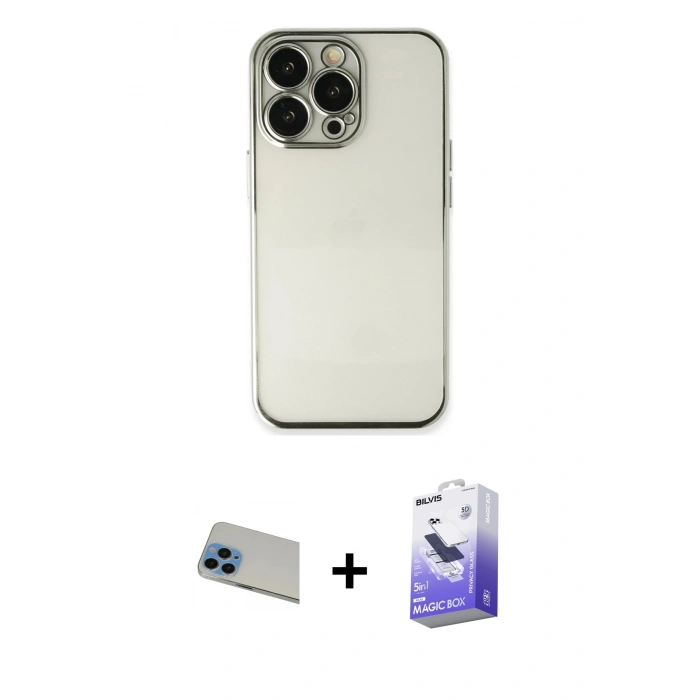 ieg™ iPhone 13 Pro Max Kılıf Vadi Minimal - Siyah Bilvis 5in1 5D Magic Hayalet Cam Ekran Koruyucu + Mavi Rainbow Kamera Lens Koruma Cam