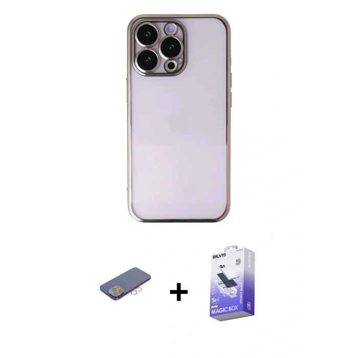 ieg™ iPhone 13 Pro Max Kılıf Vadi Minimal - Siyah Bilvis 5in1 5D Magic Hayalet Cam Ekran Koruyucu + Pembe Renkli Kamera Lens Koruma Cam