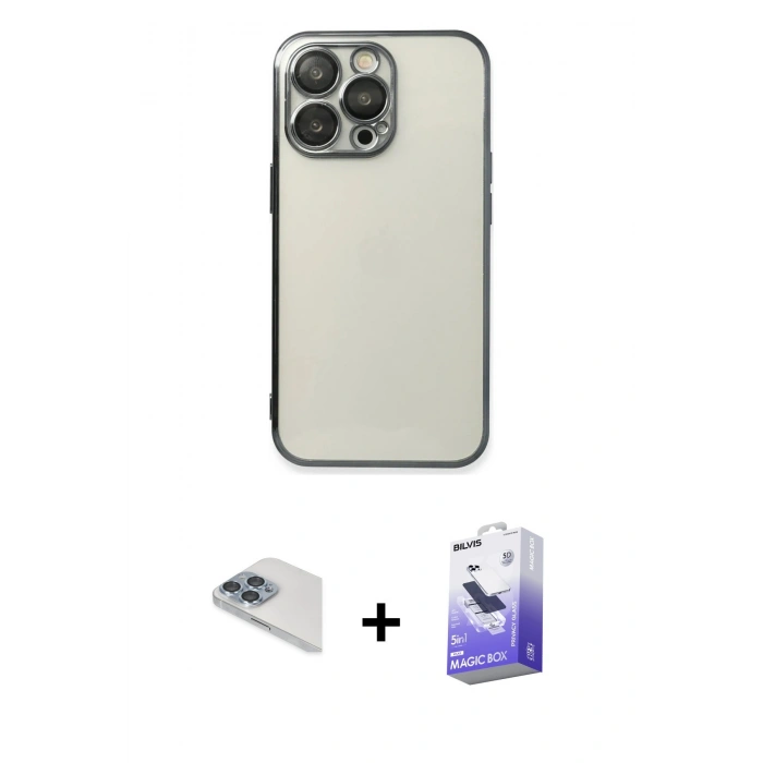 ieg™ iPhone 13 Pro Max Kılıf Vadi Minimal - Siyah Bilvis 5in1 5D Magic Hayalet Cam Ekran Koruyucu + Sierra Blue Pers Alüminyum Kamera Lens