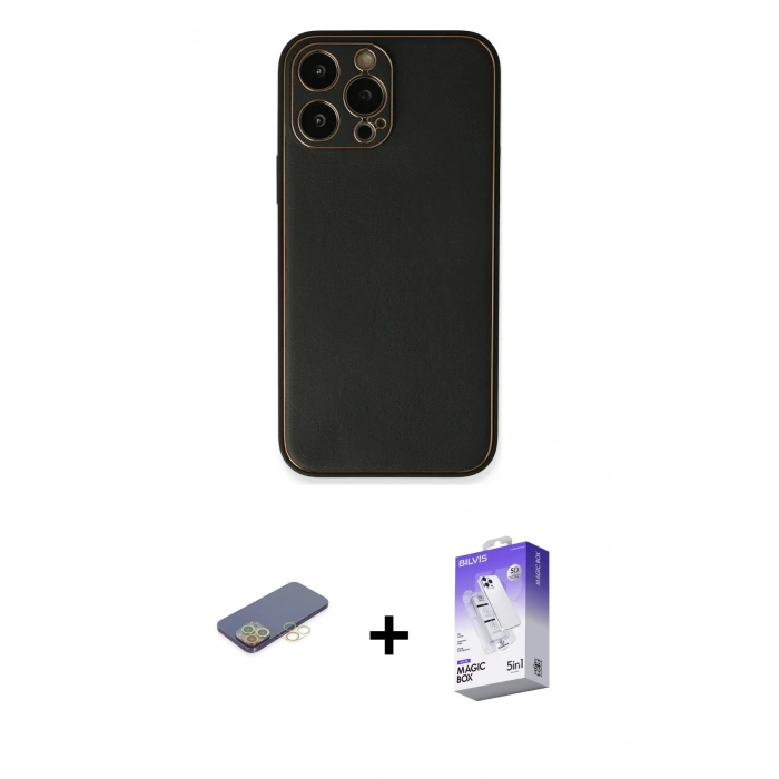 ieg™ iPhone 13 Pro Max Kılıf Yadigar Klasik - Siyah Bilvis 5in1 3D Magic Cam Ekran Koruyucu + Sarı Renkli Kamera Lens Koruma Cam