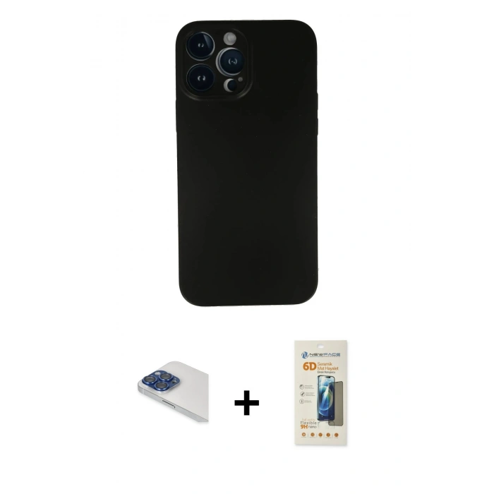 ieg™ iPhone 13 Pro Max Kılıf Yadigar Yansıma Serisi - Siyah 6D Mat Seramik Hayalet Nano Ekran Koruyucu + Lacivert Pers Alüminyum Kamera Lens