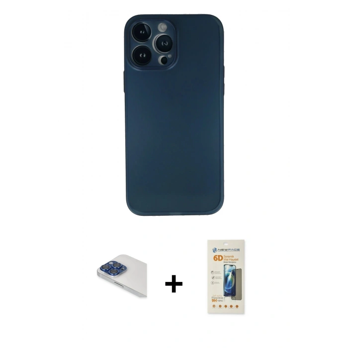 ieg™ iPhone 13 Pro Max Kılıf Yadigar Yansıma Serisi - Siyah 6D Mat Seramik Hayalet Nano Ekran Koruyucu + Lacivert Pers Alüminyum Kamera Lens