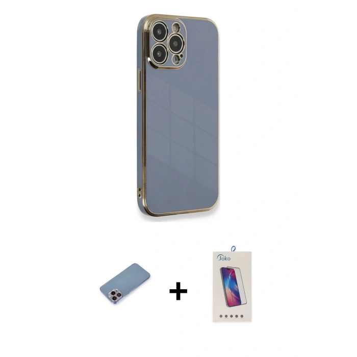 ieg™ iPhone 13 Pro Max Kılıf Yankı Serisi - Siyah Joko 5D Cam + Pembe Shine Kamera Lens Koruma Cam