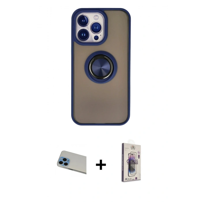 ieg™ iPhone 13 Pro Max Kılıf Yörünge Çizgi - Siyah Bilvis 3D Cam Ekran Koruyucu + Mavi Rainbow Kamera Lens Koruma Cam