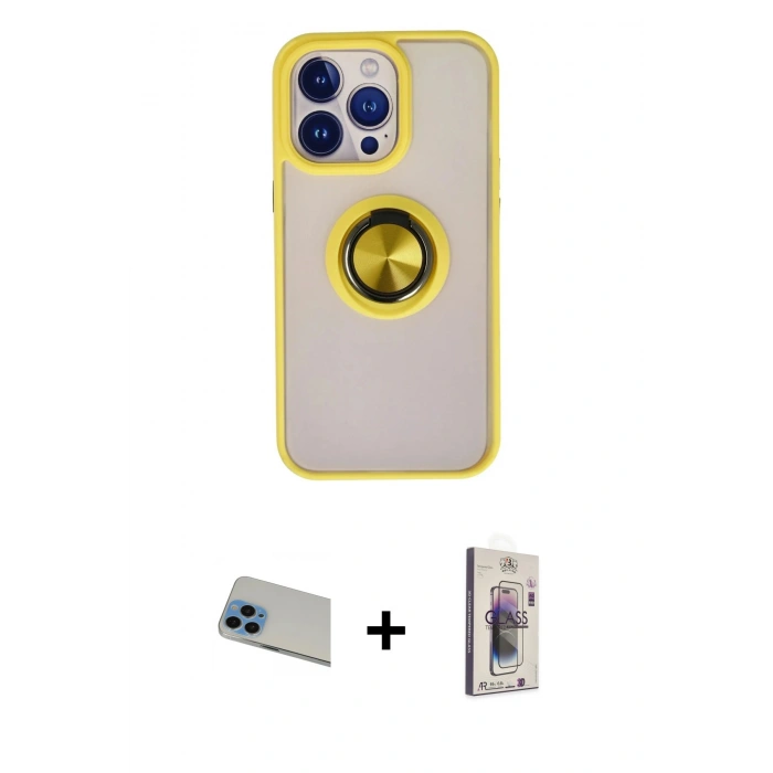 ieg™ iPhone 13 Pro Max Kılıf Yörünge Çizgi - Siyah Bilvis 3D Cam Ekran Koruyucu + Mavi Rainbow Kamera Lens Koruma Cam