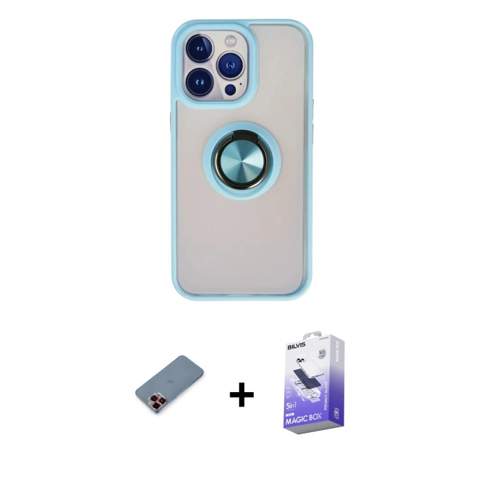ieg™ iPhone 13 Pro Max Kılıf Yörünge Çizgi - Siyah Bilvis 5in1 5D Magic Hayalet Cam Ekran Koruyucu + Kırmızı Metal Kamera Lens Koruma Cam