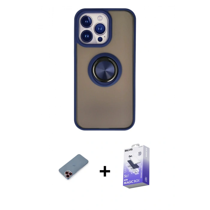 ieg™ iPhone 13 Pro Max Kılıf Yörünge Çizgi - Siyah Bilvis 5in1 5D Magic Hayalet Cam Ekran Koruyucu + Kırmızı Metal Kamera Lens Koruma Cam