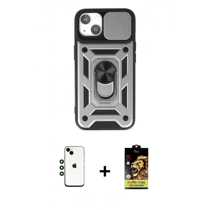 ieg™ iPhone 14 Kılıf Ahenk Klasik - Siyah Buffer Cam Ekran Koruyucu + Yeşil Shine Kamera Lens