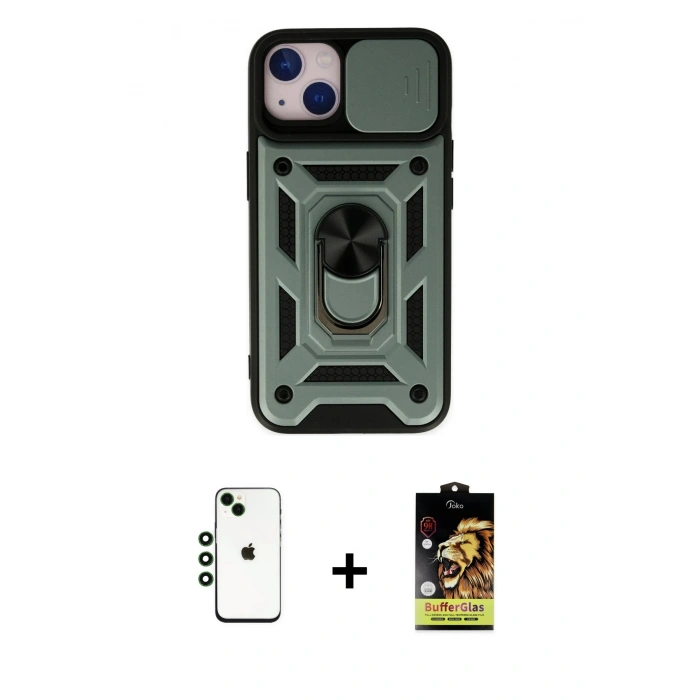 ieg™ iPhone 14 Kılıf Ahenk Klasik - Siyah Buffer Cam Ekran Koruyucu + Yeşil Shine Kamera Lens