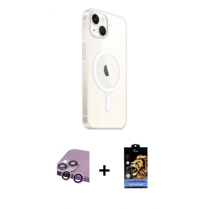 ieg™ iPhone 14 Kılıf Ahenk Yansıma Prime - Siyah Buffer Hayalet Cam Ekran Koruyucu + Mor Raze Metal Kamera Lens