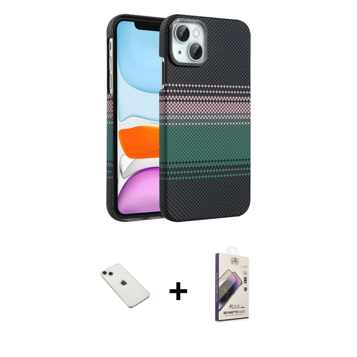 MARSİLYAN™- iPhone 14 Kılıf Doruk Serisi - Siyah Bilvis 3D Mat Cam Ekran Koruyucu + Diamond Kamera Lens - YL