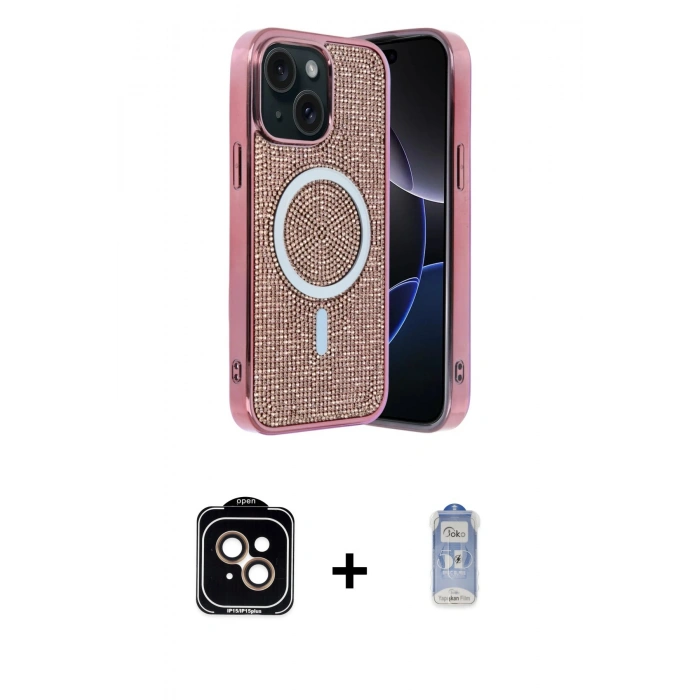 ieg™ iPhone 14 Kılıf Eksen Çizgi - Siyah Joko Magic 5D Cam + Turuncu PVD Metal Kamera Lens
