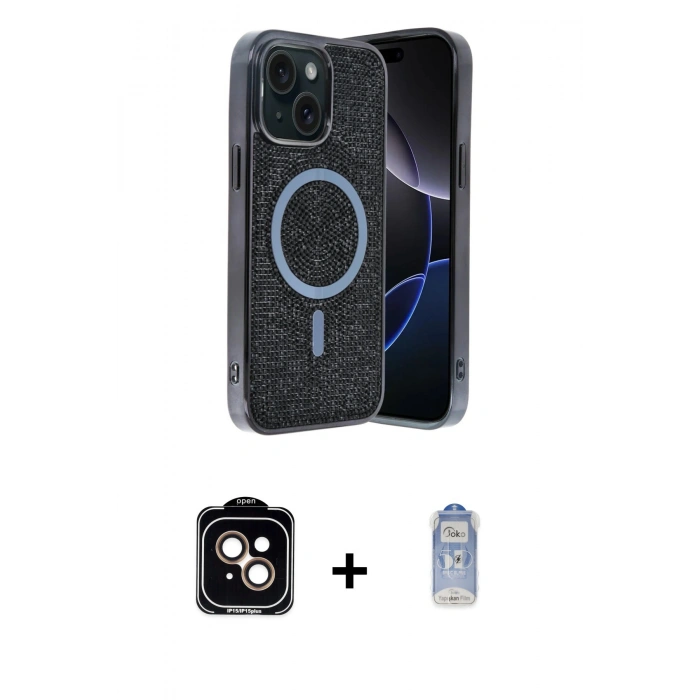 ieg™ iPhone 14 Kılıf Eksen Çizgi - Siyah Joko Magic 5D Cam + Turuncu PVD Metal Kamera Lens