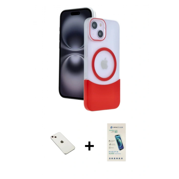 ieg™ iPhone 14 Kılıf Kozmos Form Özel Seri - Şeffaf Pasifik Cam Ekran Koruyucu + Pembe Diamond Kamera Lens
