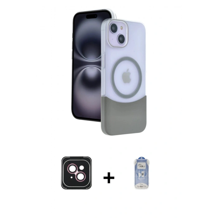 ieg™ iPhone 14 Kılıf Kozmos Form Özel Seri - Siyah Joko Magic 5D Cam + Pembe PVD Metal Kamera Lens